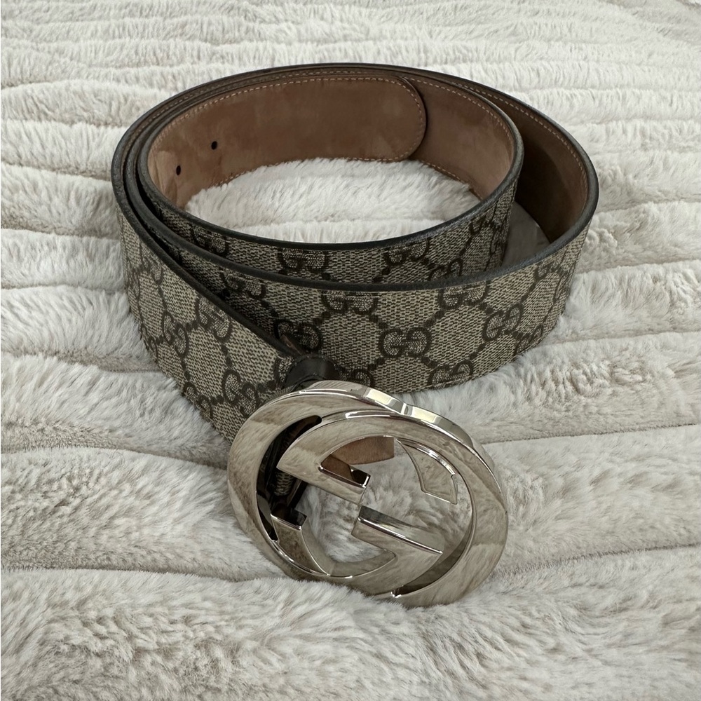 Gucci Beige and Brown Monogram Belt with Silver Buckle